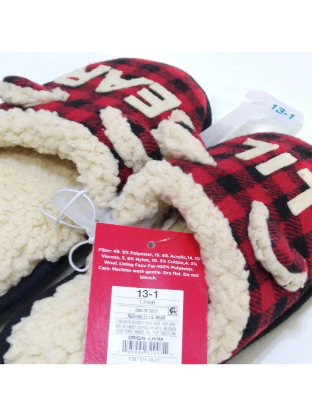 Wondershop Kids Lil Bear Slippers Size 13-1 Red & Black Plaid Faux Fur Lining